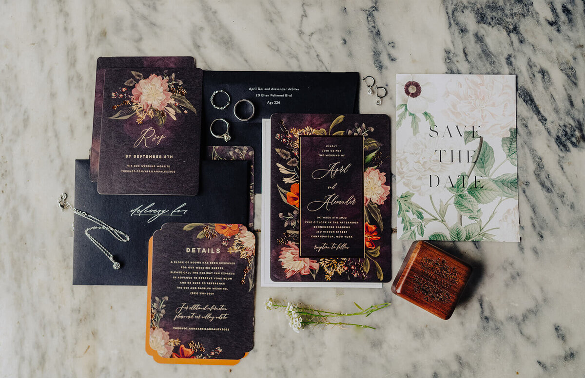 Flat lay of wedding invitations