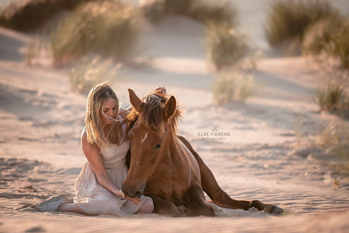 paardenfotograaf - paard aan zee - liggend paard - connectie paard en meisje