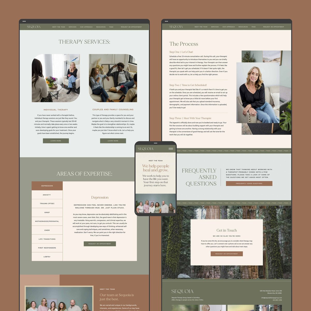 mockup of two pages of sequoia therapy group website