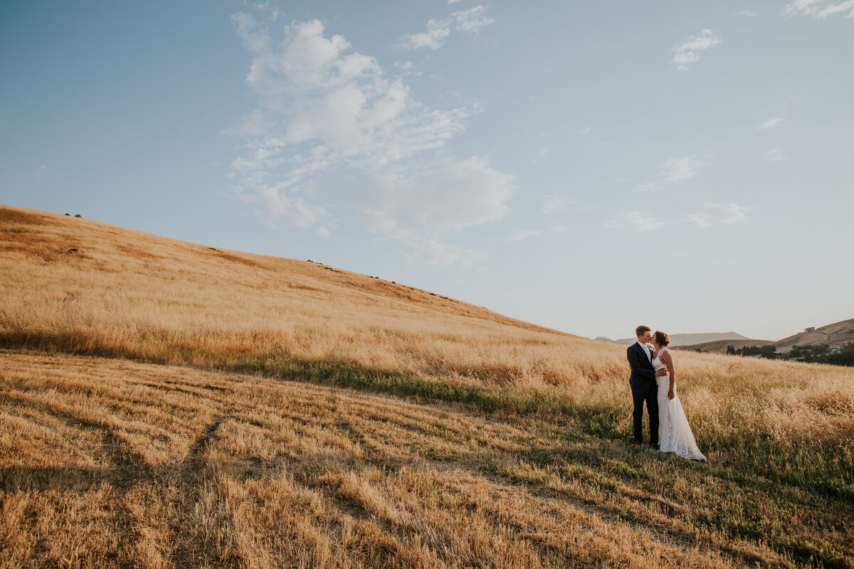 Bride and groom stand out in golden field and embrace.