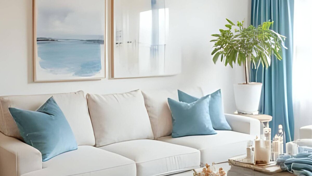 Lakeshore Interior design services hero image of blue and white living room
