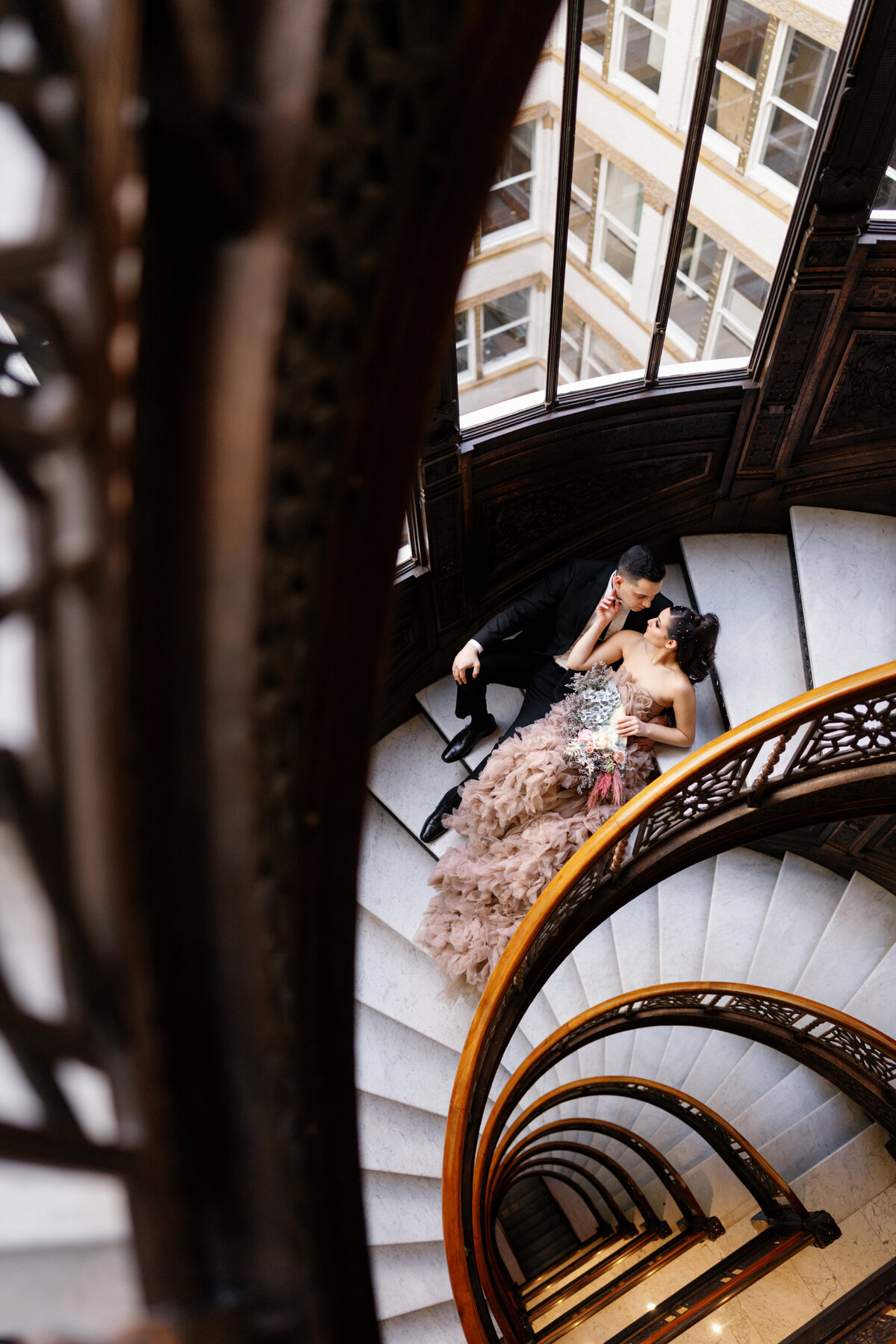 Aspen-Avenue-Chicago-Wedding-Photographer-Rookery-Engagement-Session-Histoircal-Stairs-Moody-Dramatic-Magazine-Unique-Gown-Stemming-From-Love-Emily-Rae-Bridal-Hair-FAV-31