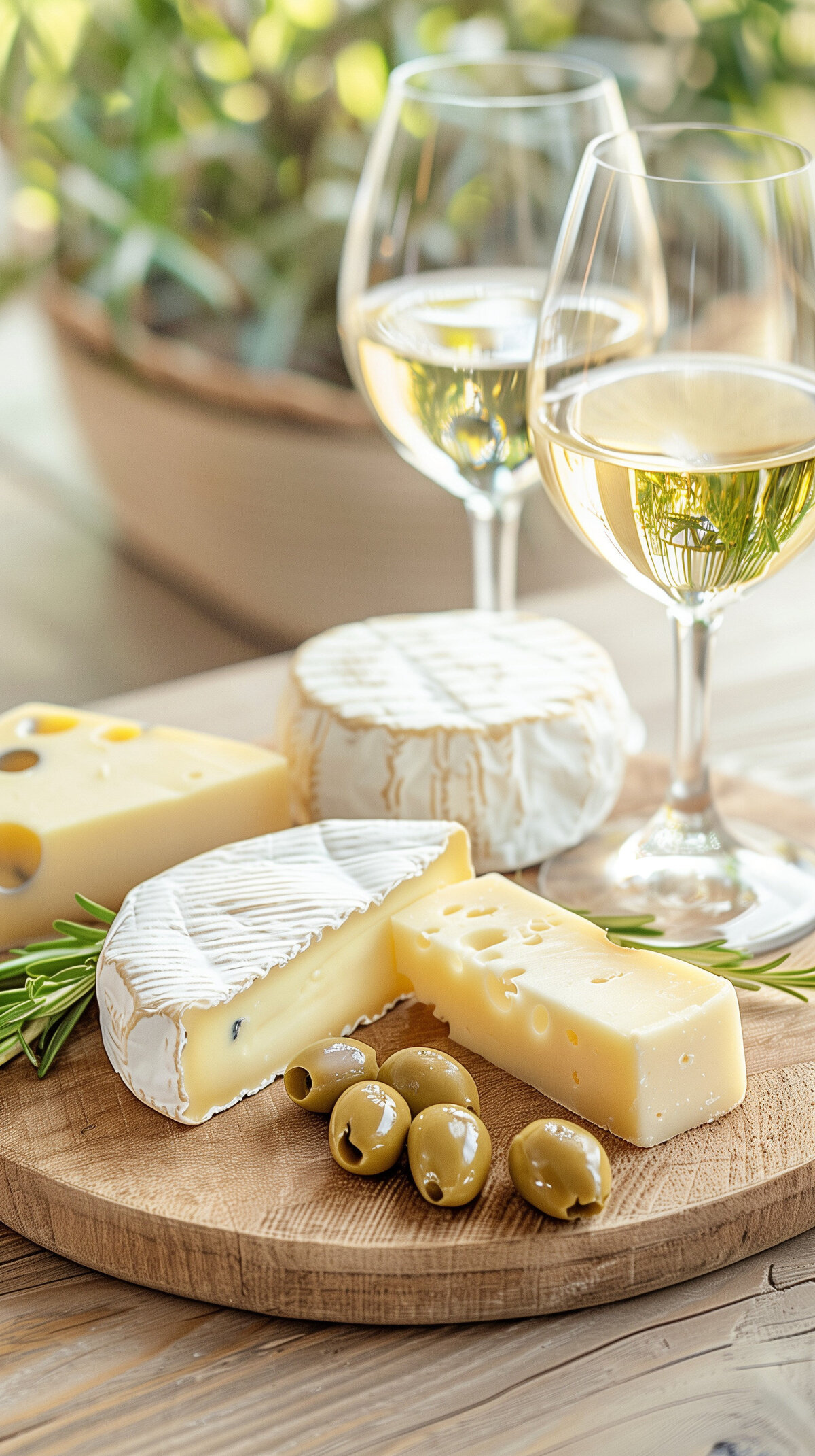A platter of various cheeses and green olives on a wooden board, paired with two glasses of white wine. The setting is outdoors with sunlight filtering through, and a plant blurred in the background.