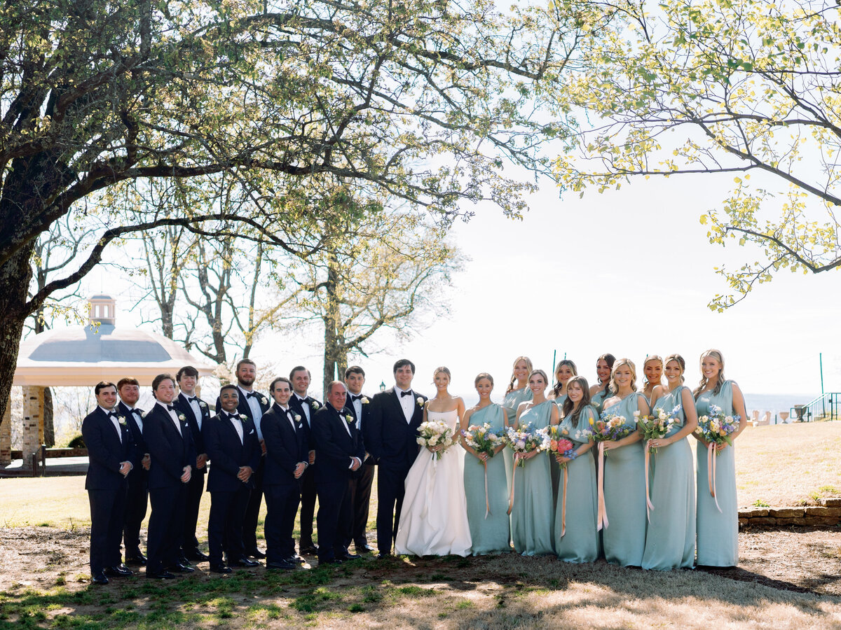 Bride and groom standing with their full wedding party, bridesmaids in light blue dresses and groomsmen in black tuxedos, on the lawn at Burritt on the Mountain in Huntsville, Alabama, photographed by Perry Hancock.