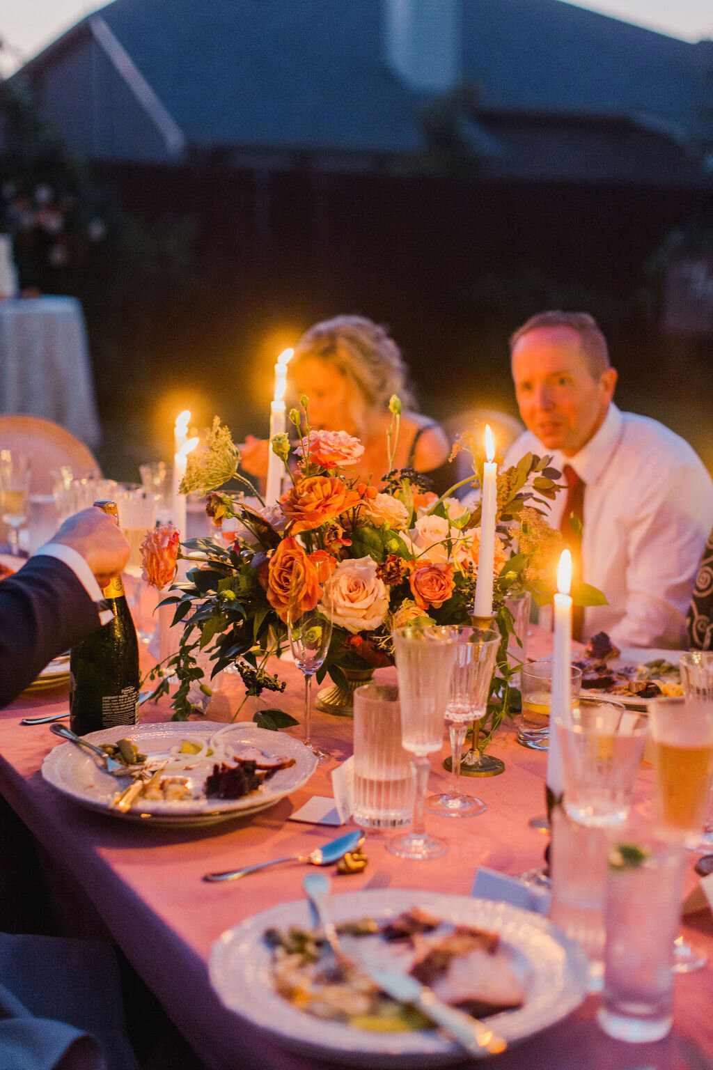 Candlelight intimate wedding reception with wedding florals by Vella Nest Floral Design