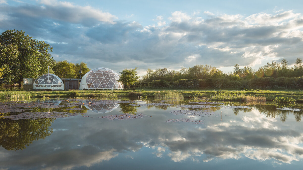 Two geodomes next to a reflective lake with lily pads