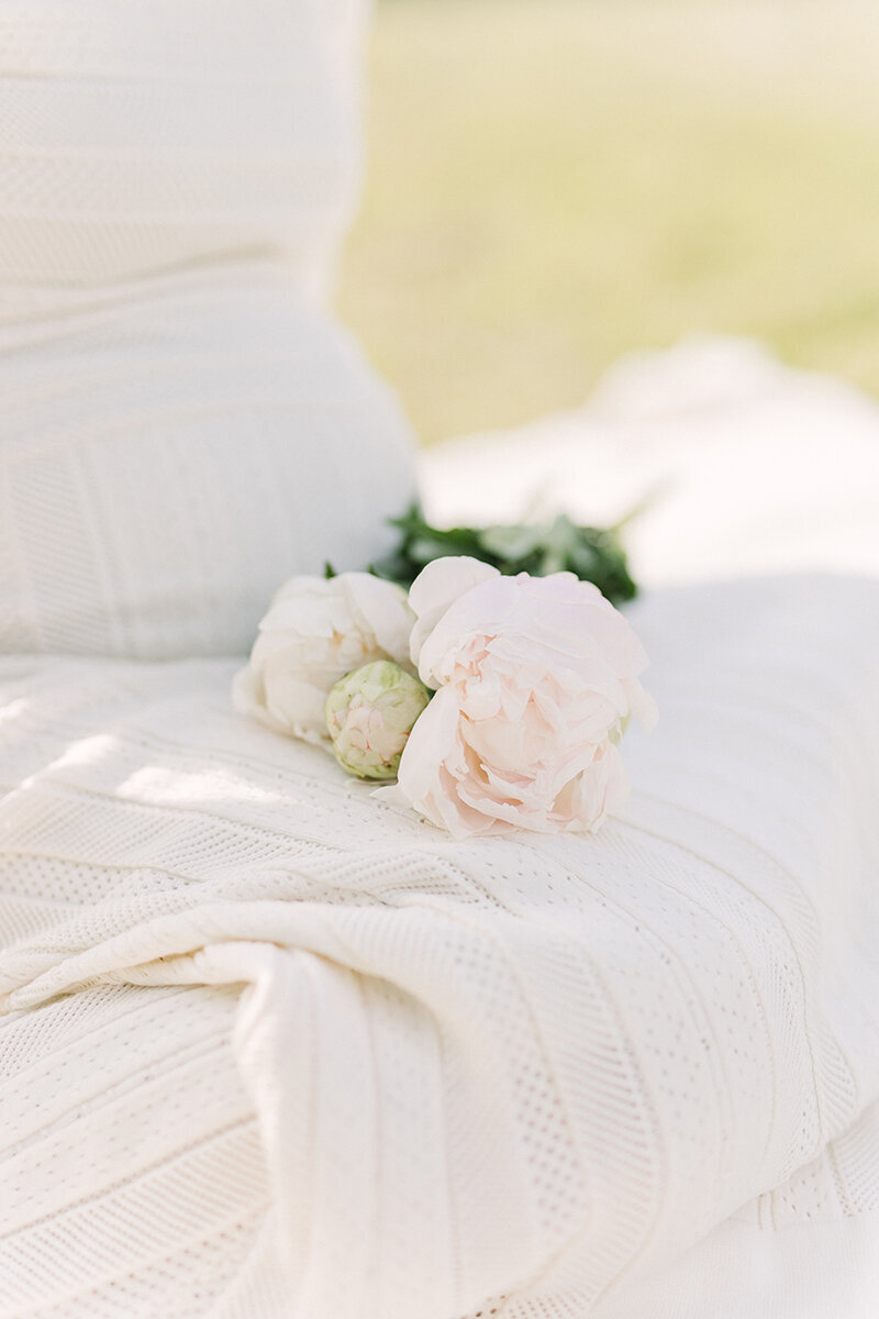 淡いピンク色の芍薬の花が大きなおなかの妊婦さんの膝の上に乗っている