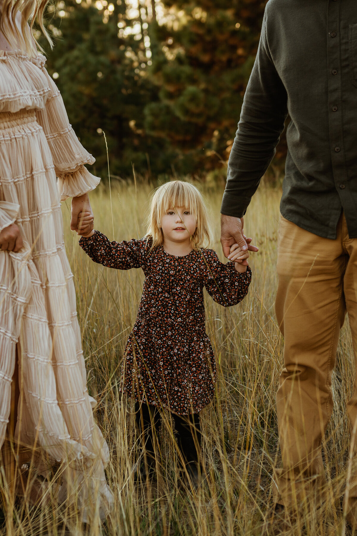A toddler girl is holding her mom and dad's hand in a field