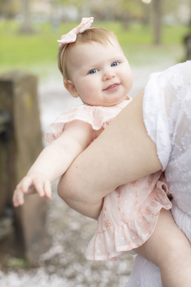 spring portrait of toddler girl in pink dress