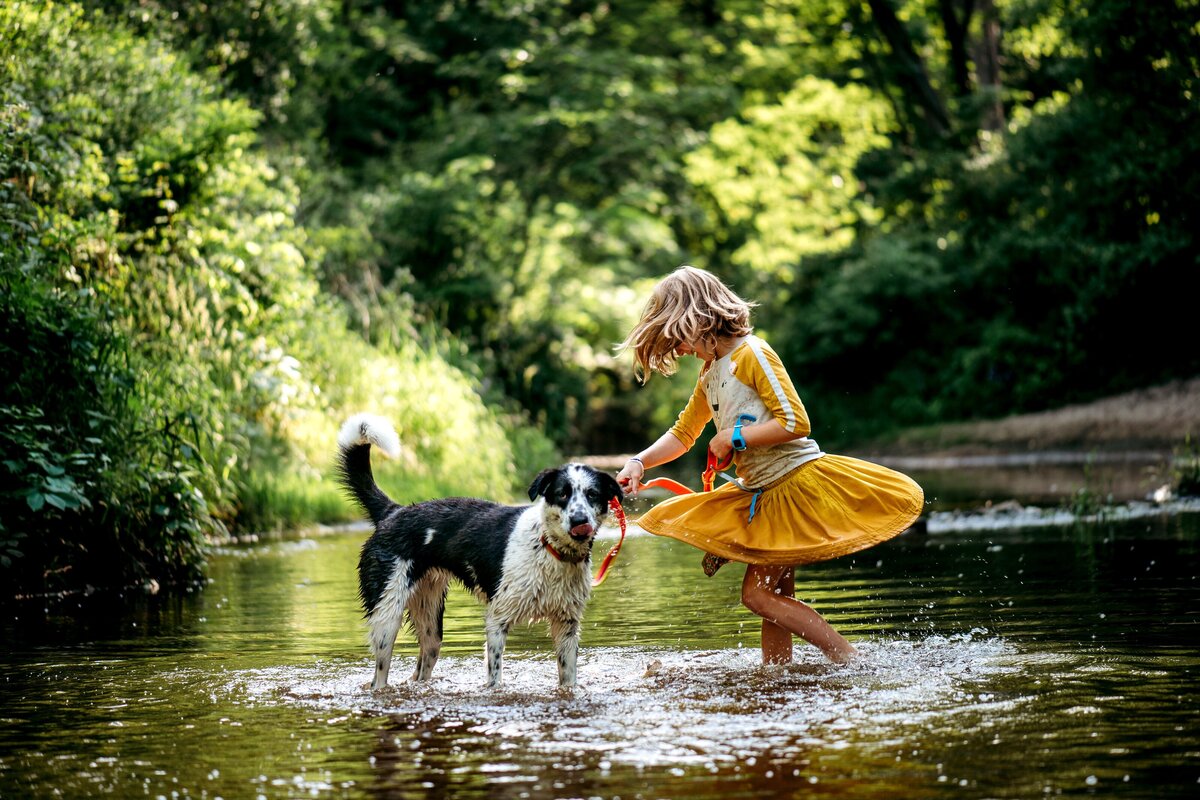 Child and dog playing in creek McKennaPattersonPhotography