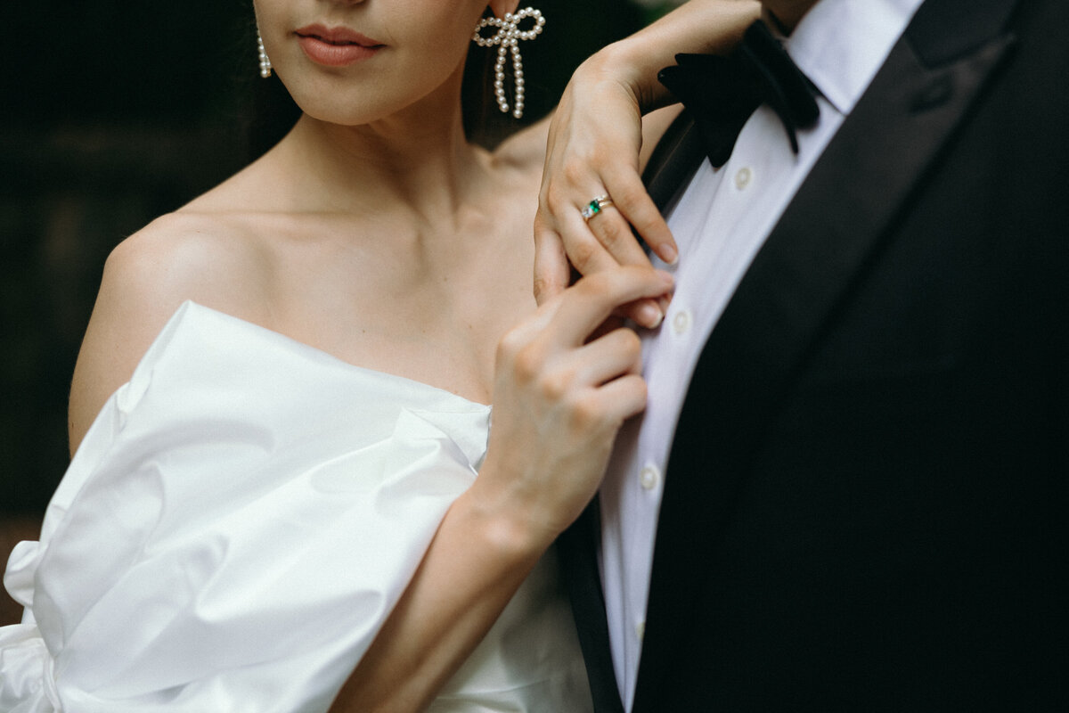 Close-up of the bride and groom sharing a joyful moment.