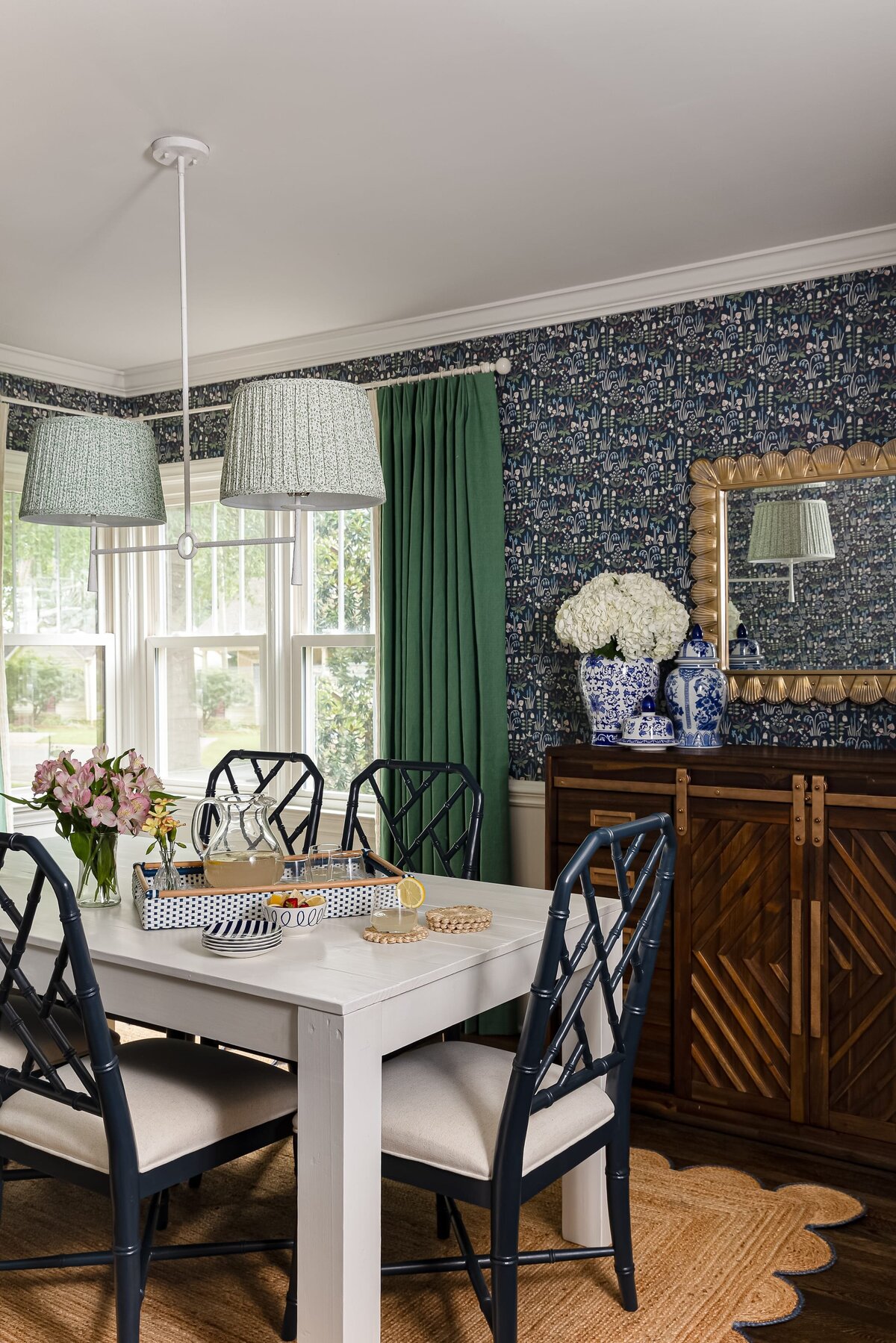 melinda chesson interiors chesson house formal dining room botanical wallpaper blue white