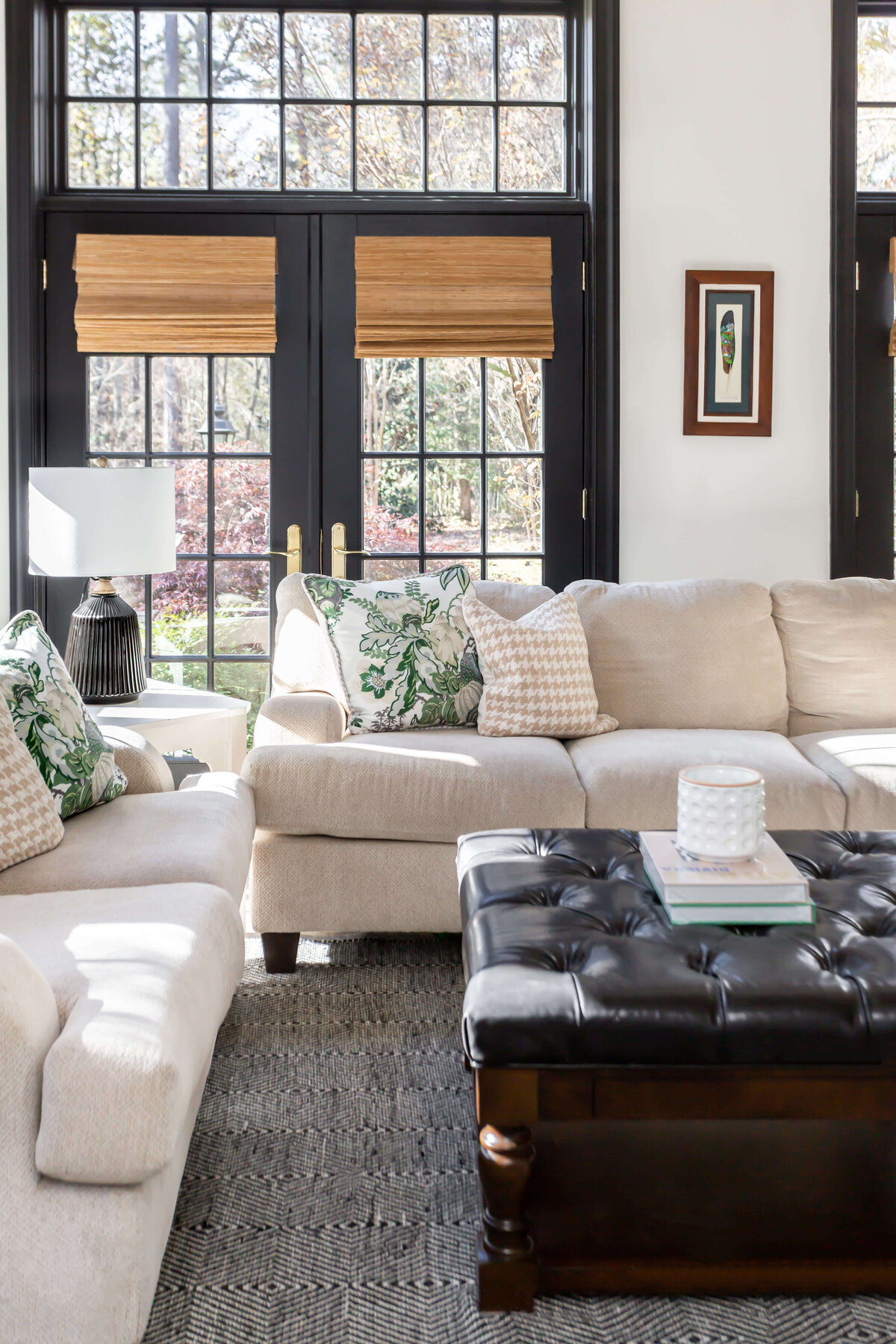 sweet southern home brighton place upholstered coffee table and ivory sofa in living room