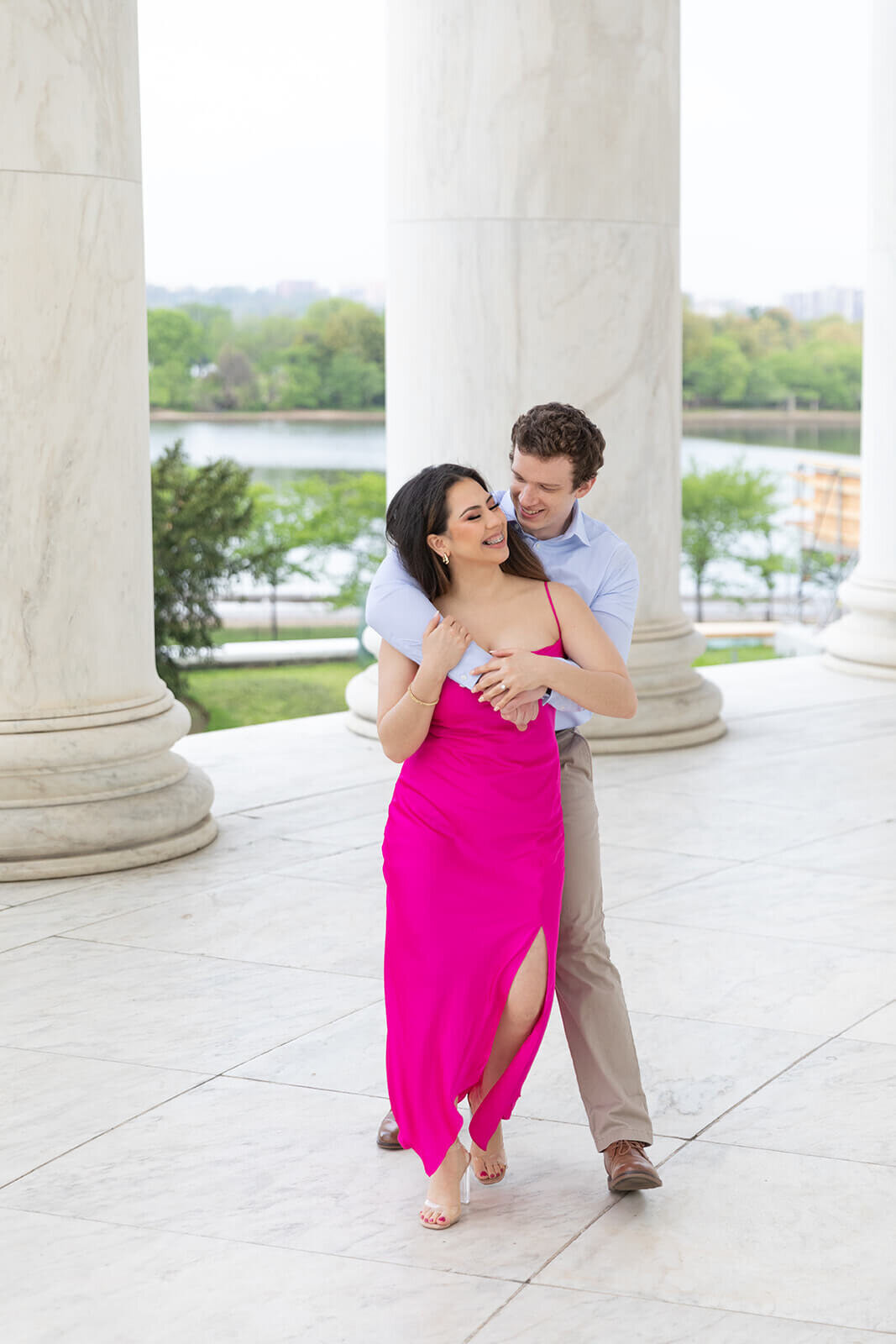 engagement session with hot pink dress