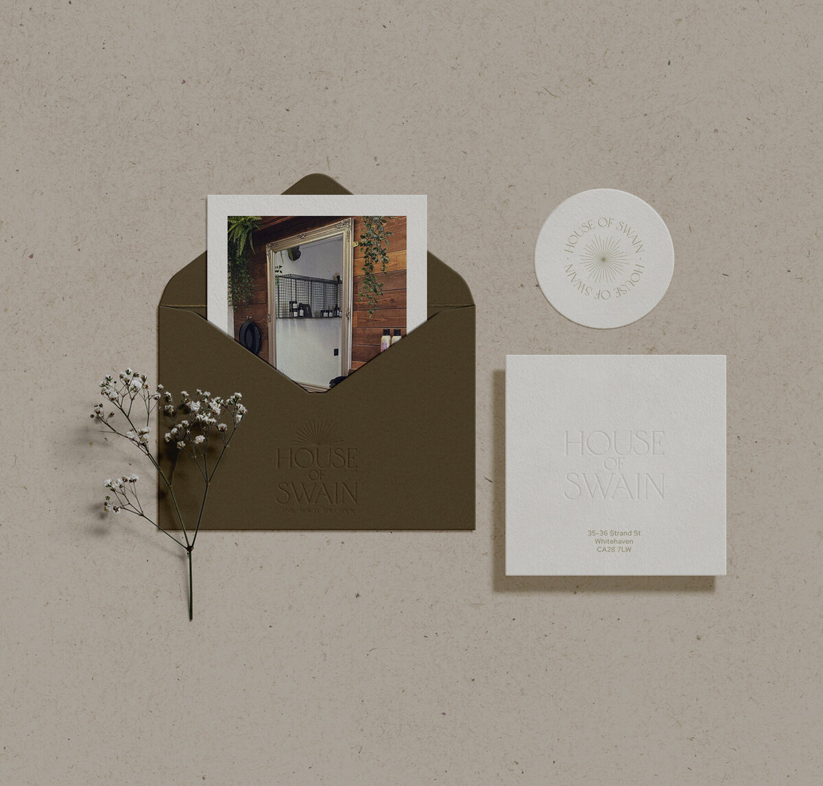 Green and cream stationery mock up with House of Swain branding