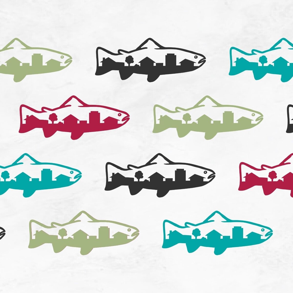 Custom illustrated icon of a neighborhood inside a trout for a personal brand
