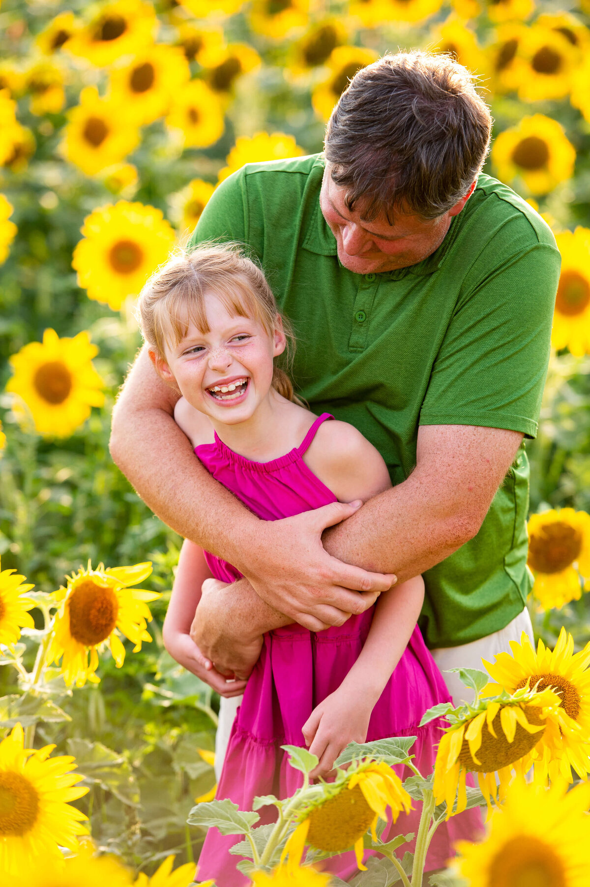 family photos in Ottawa a father  hugging his daughter in a filed of sunflowers at sunset