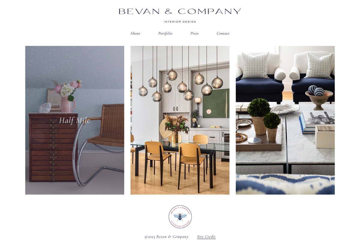 Portfolio page of Bevan & Company Interior Design website featuring three different projects