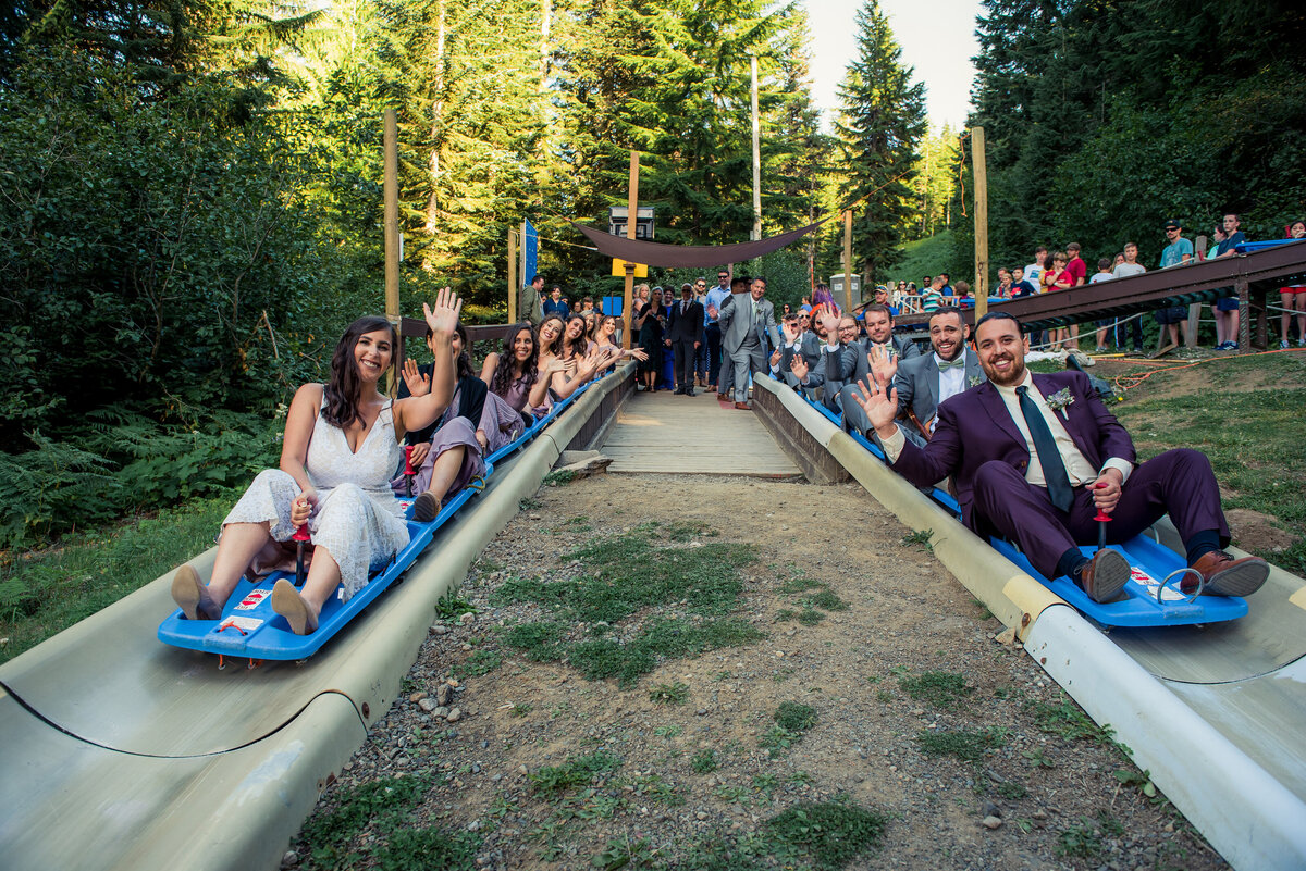 wedding guests on alpine slide