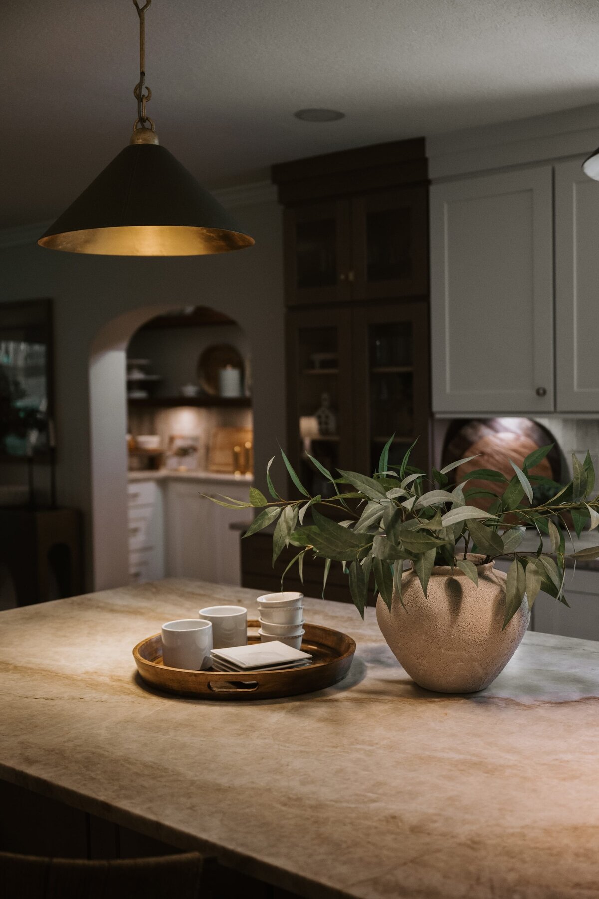 dewine design orlando interior design vintage cove trail cozy kitchen with island and green plant in vase