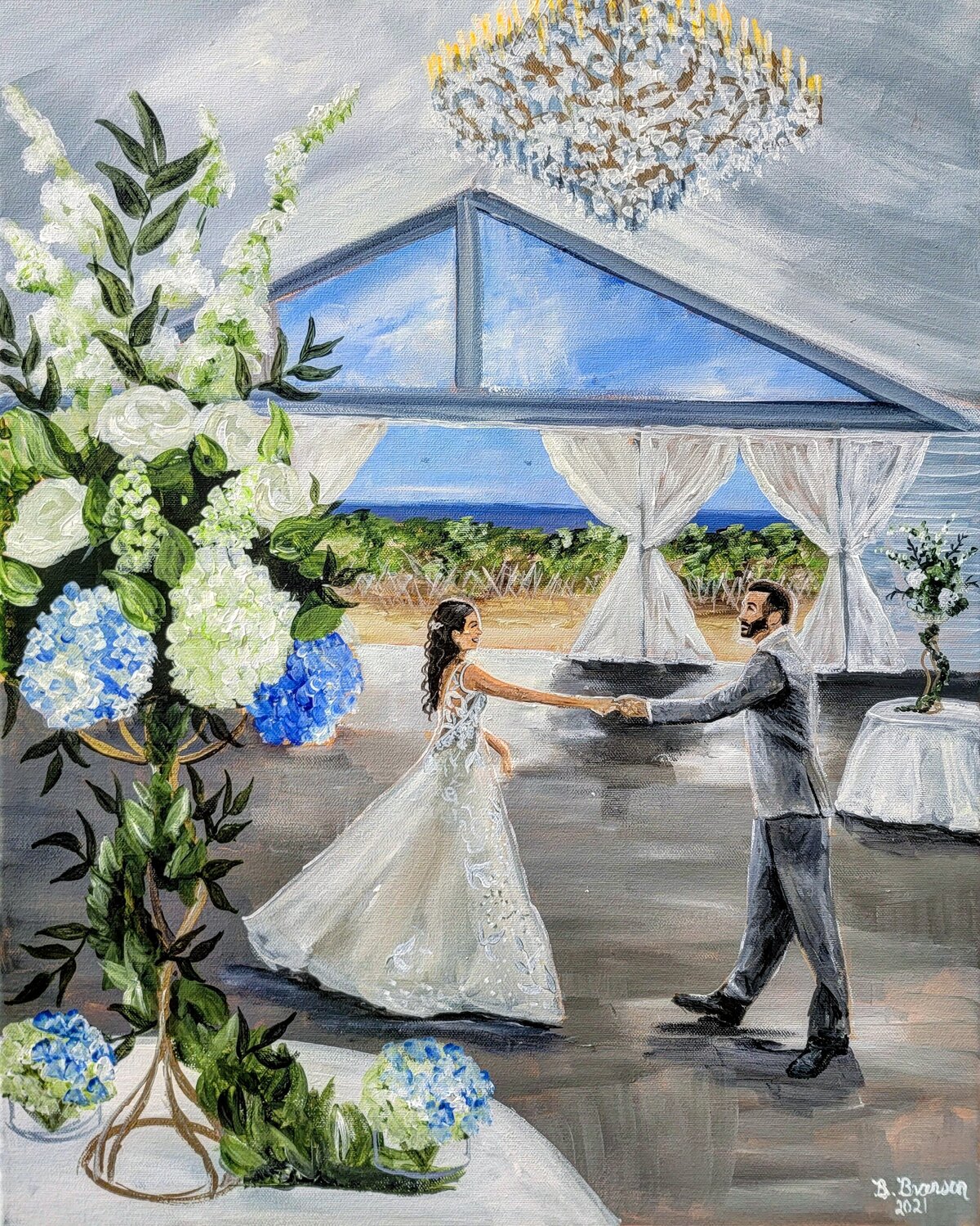 Beach waterfront live wedding painting in Spring Lake, New Jersey. Bride and groom twirl on the dance floor.