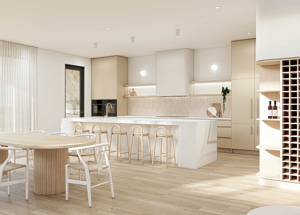 Kitchen and dining space in the Solis home featuring integrated appliances, timber flooring, and contemporary finishes.