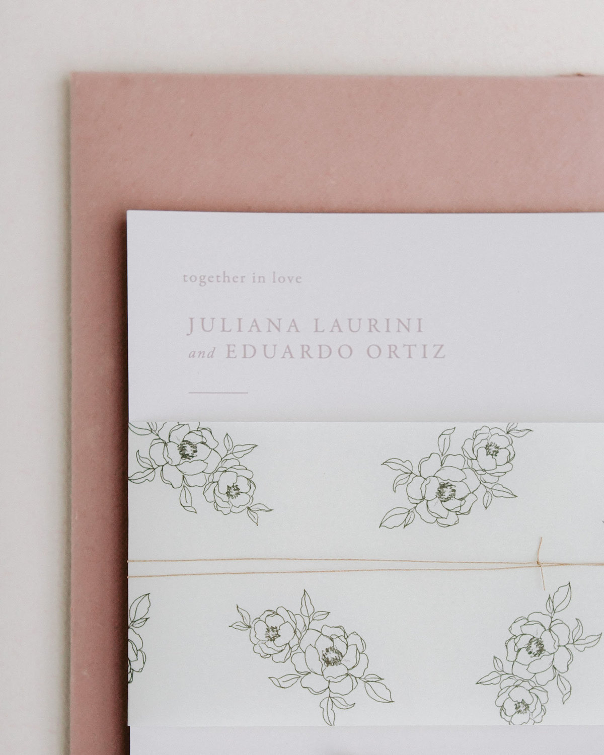 Dominique Alba minimal wedding invitation with floral illustration vellum handmade paper