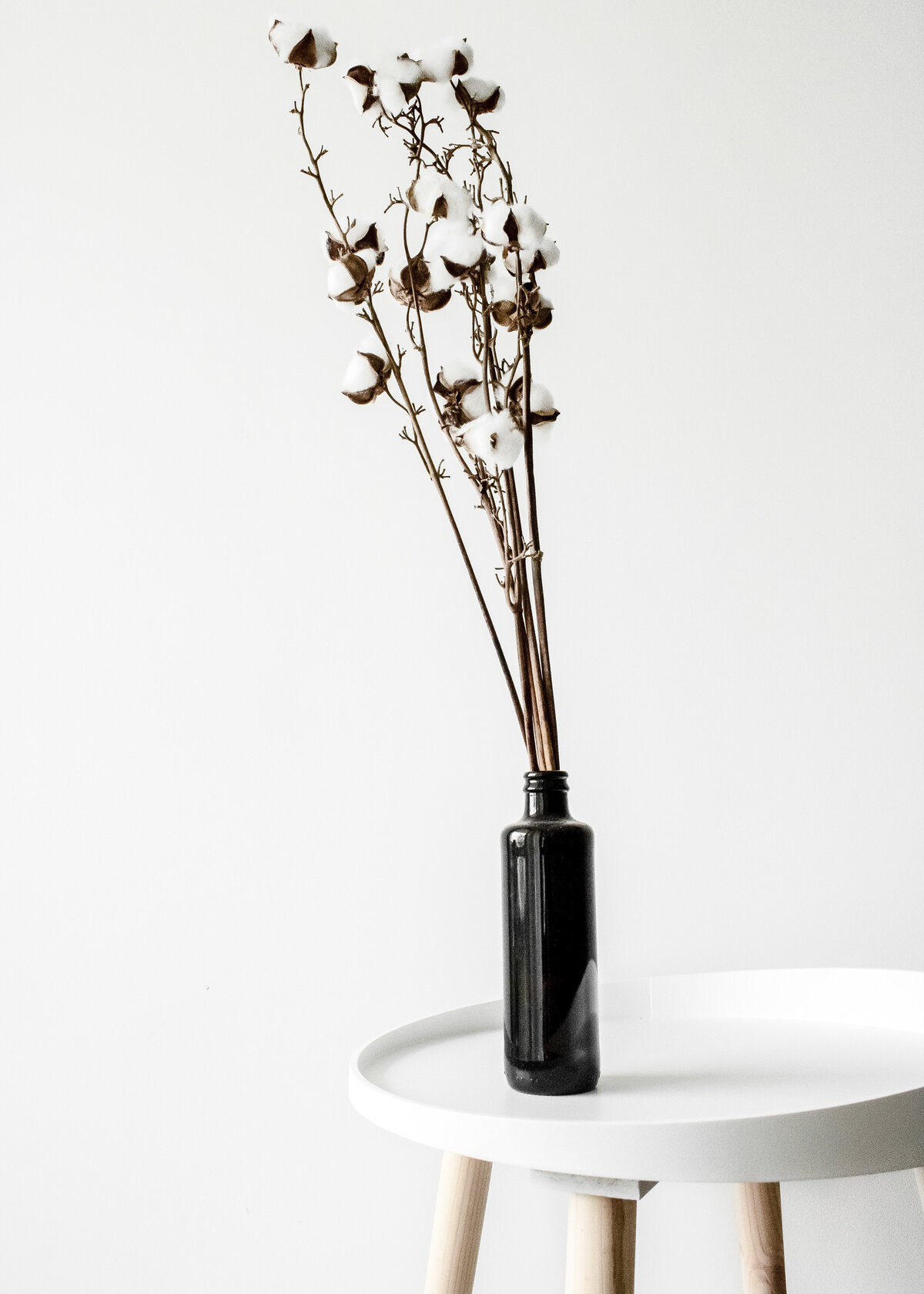 Cotton branches in a black glass vase sit on a minimal white table.