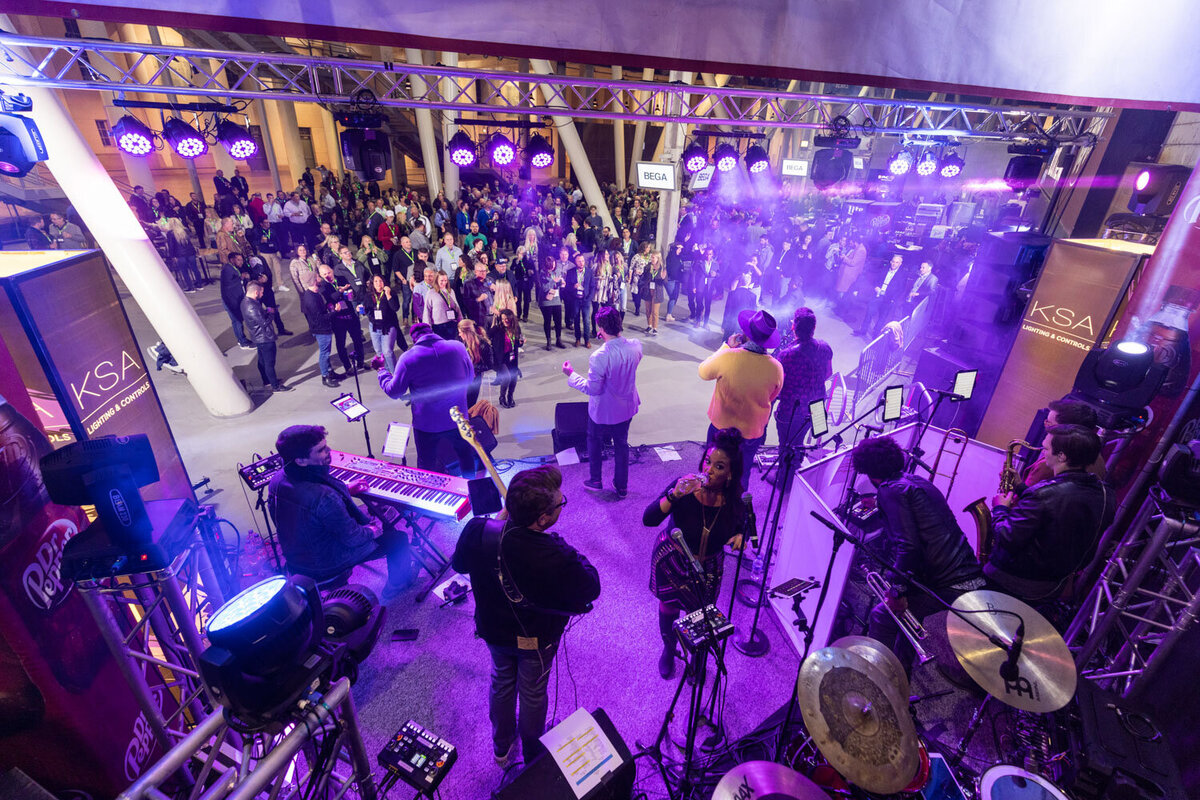View from behind a live band performing for a large crowd