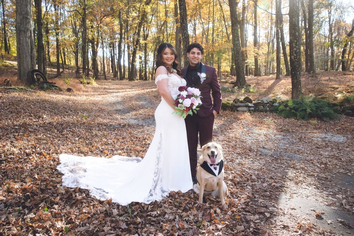 Bride and groom posing with their dog, who’s wearing a tuxedo, on a leaf-covered trail.