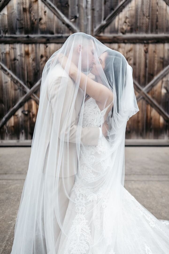 Bride & Groom kissing underneath veil