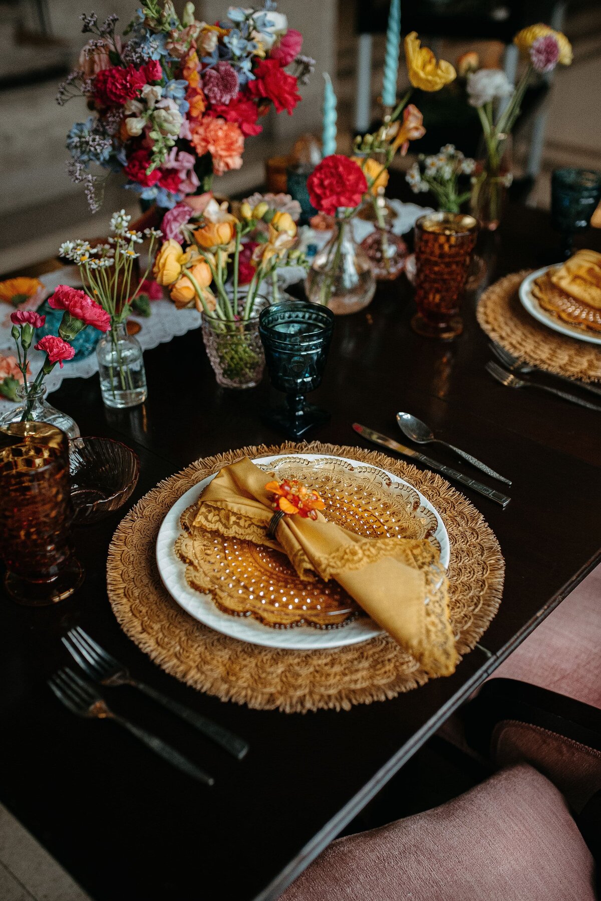 Colorful wedding reception table setting