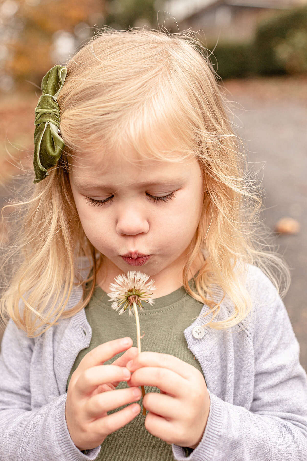 Little girl with blonde hair looking down at a dandelion seed pod and blowing on it. Outdoor family photos in Portland, Oregon.
