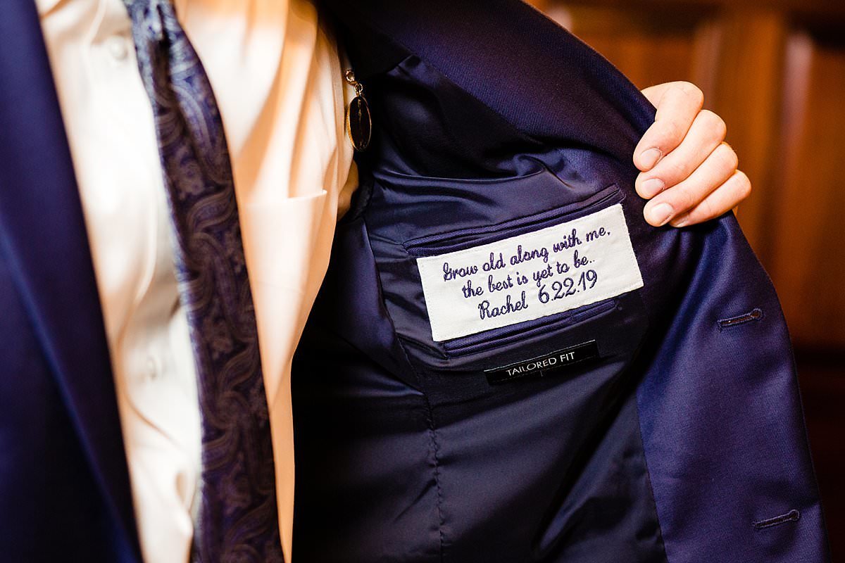 Inside suit jacket custom monogram patch for grooms wedding day