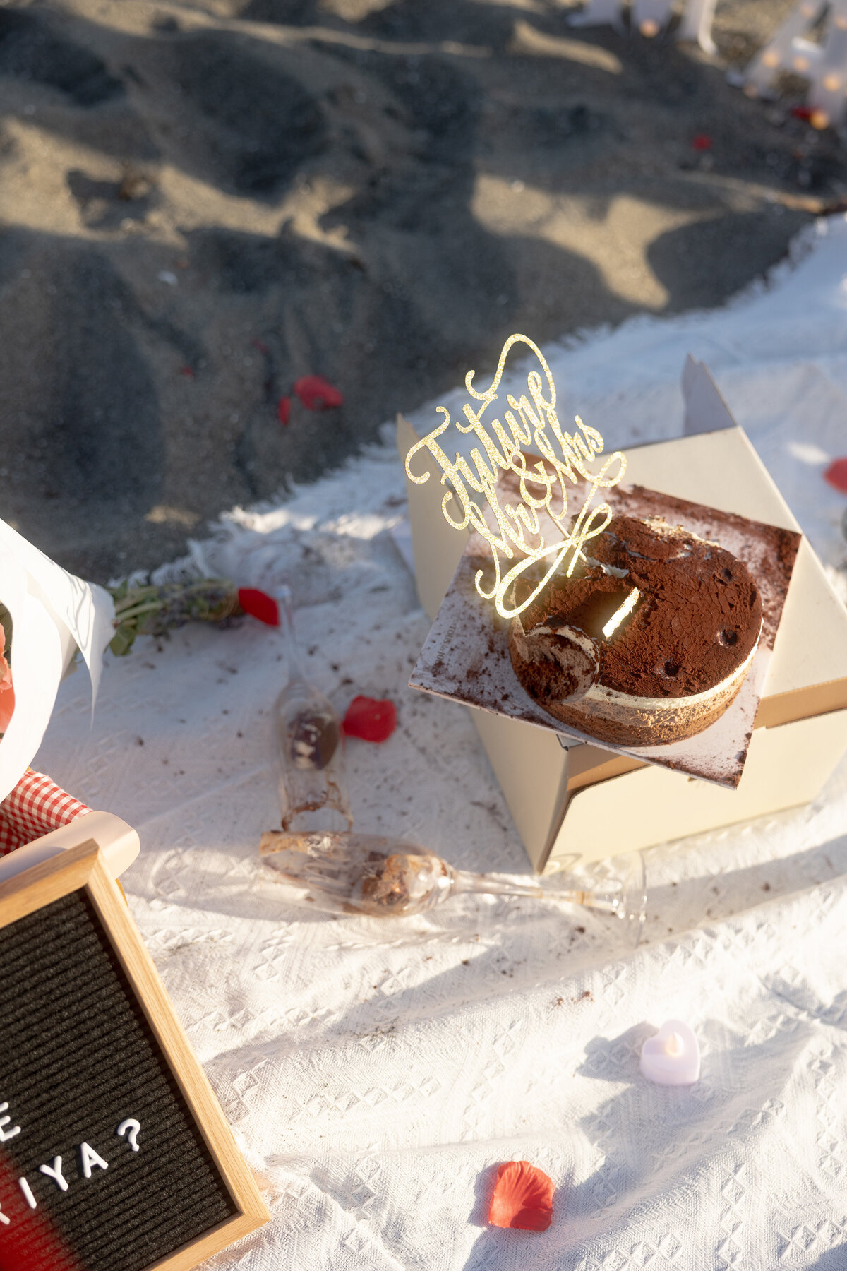 Chocolate Mousse Cake with a Future Mr. & Mrs. topper on a picnic blanket at Myrtle Beach during a proposal