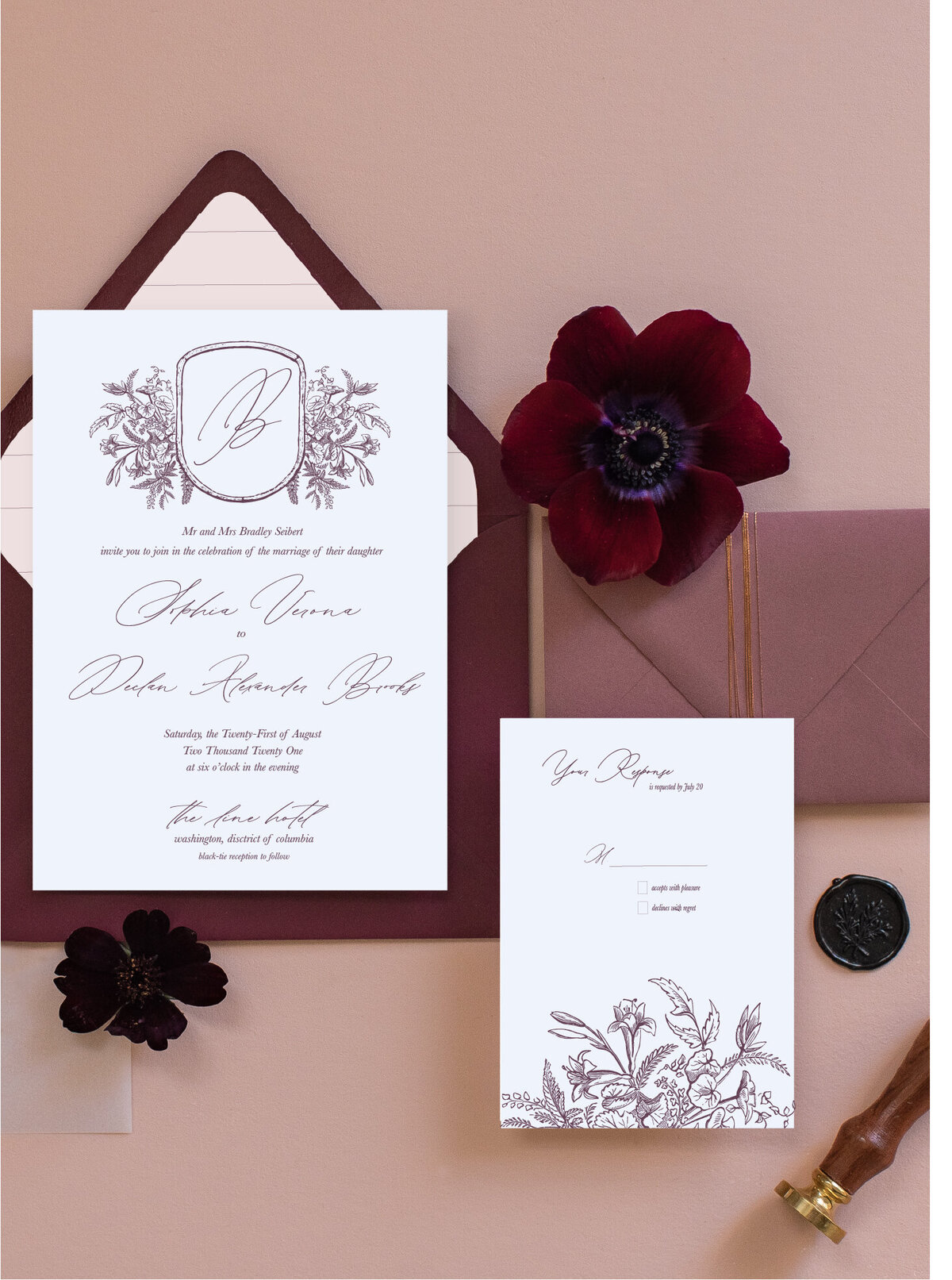 Monogram Crest Burgundy Custom Wedding Invitation