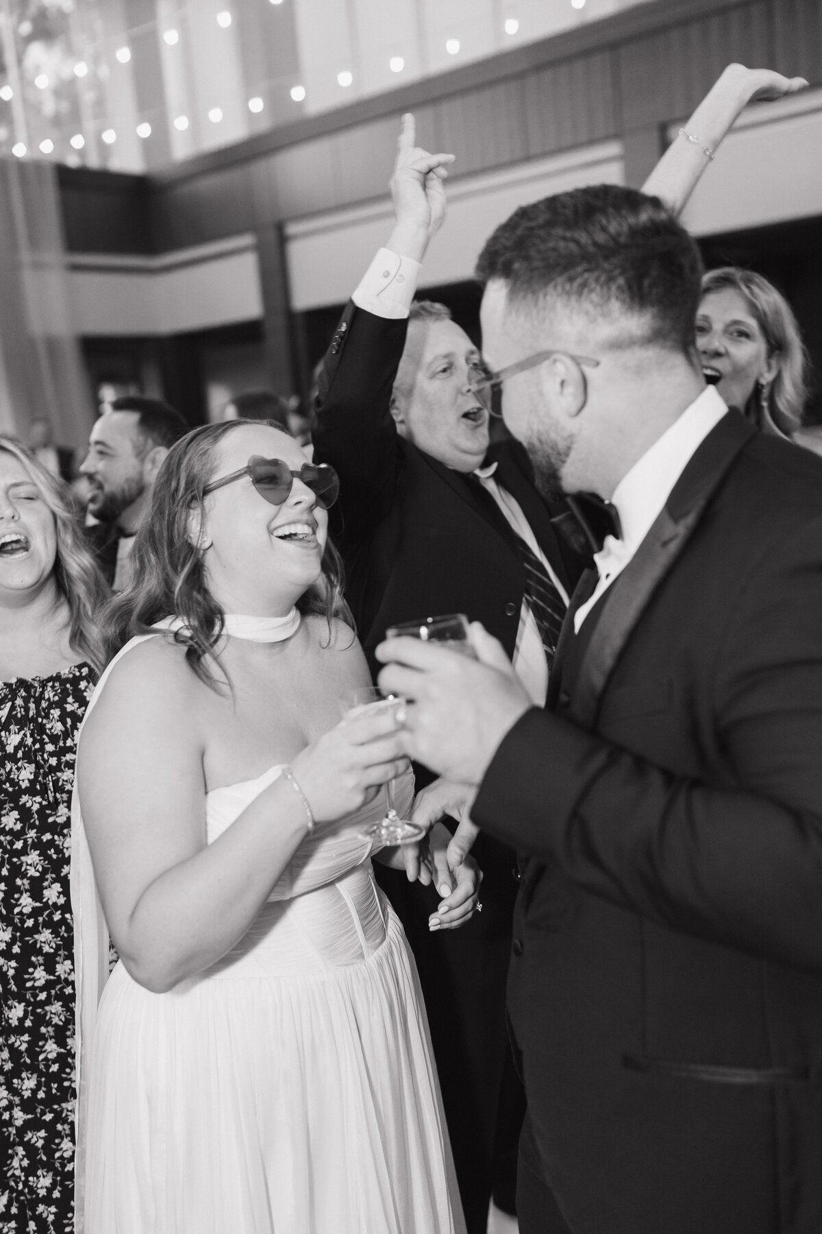 Black and white Indianapolis candid wedding reception