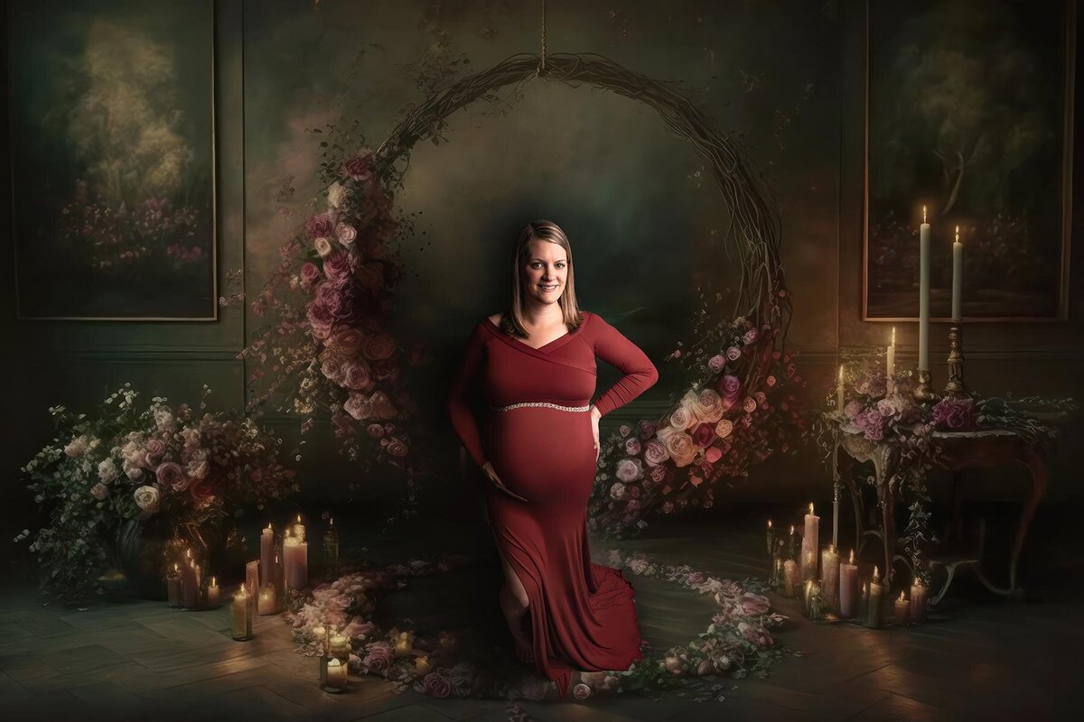 Lehigh-Valley-Maternity-Photographer-Studio-Materntiy-red-dress-purple-flower-hoop