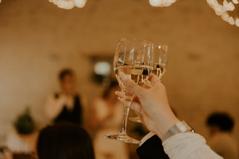 Invités levant leurs verres de champagne en l'honneur des mariés, capturés lors d'un shooting photo mariage en Vendée.