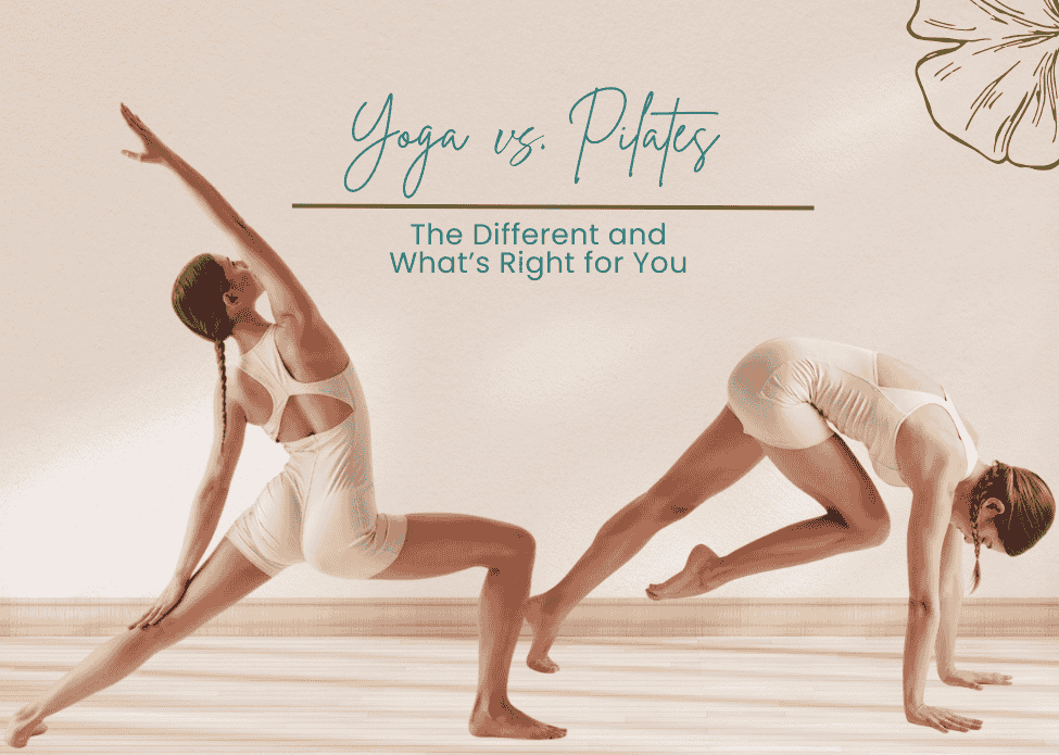 Visual comparison of yoga and Pilates, showing a pose from each practice.