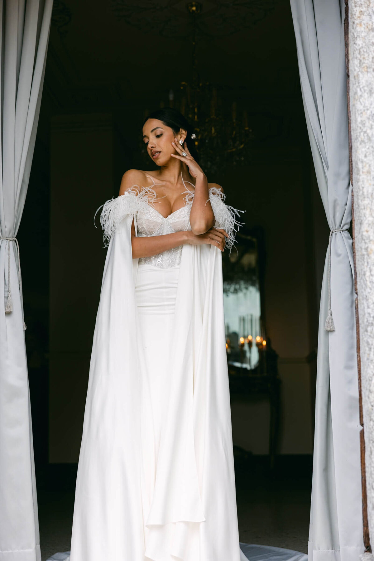 A wedding day bridal shot of a bride in her white dress at Villa Aura del Lago on lake como in Italy