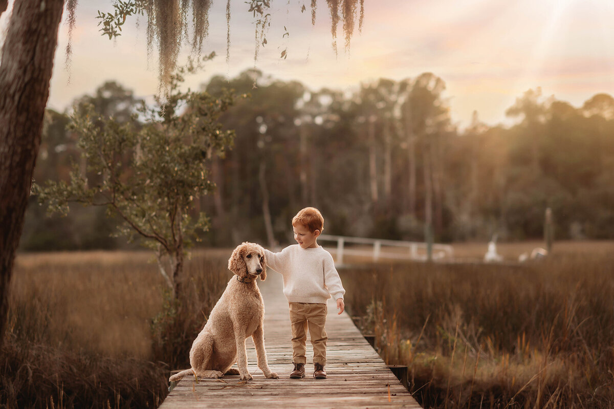 Toddler pets his dog on the boardwalk during Family Photography in Kiawah Island.