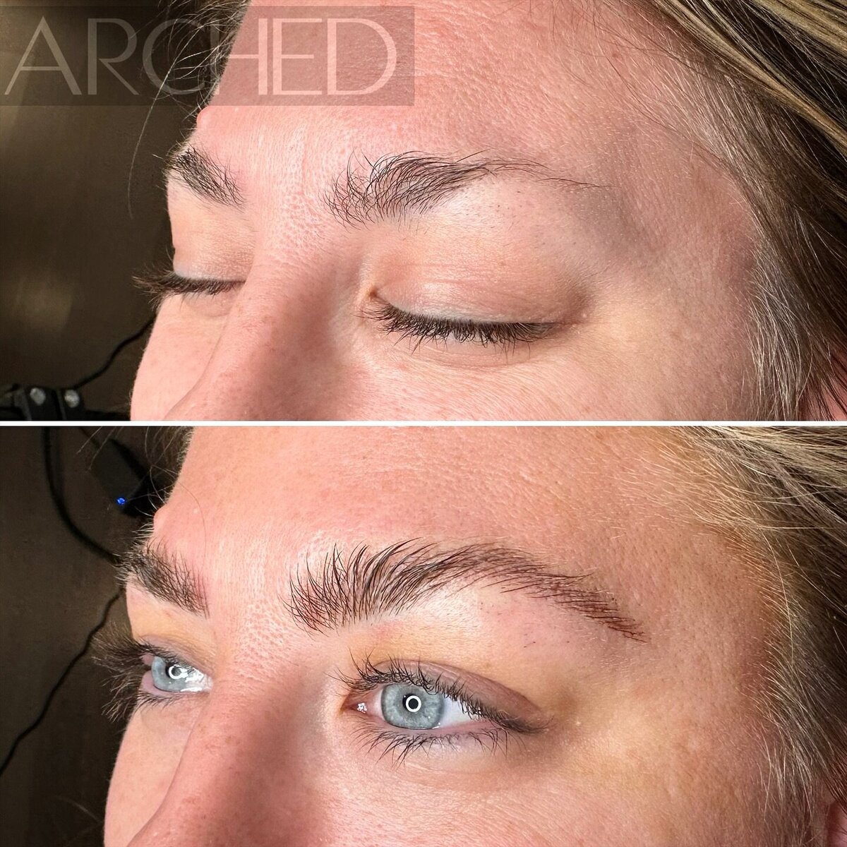 Female enhanced eyebrows that look naturally fluffy, through nicroblading services at ARCHED Coastal in Gulf Shores, Alabama.