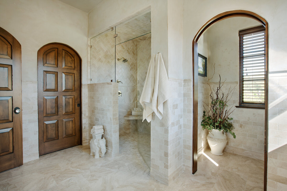 Panageries Residential Interior Design | Italian Country Villa Master Bath Space Planning between the Shower and water closet