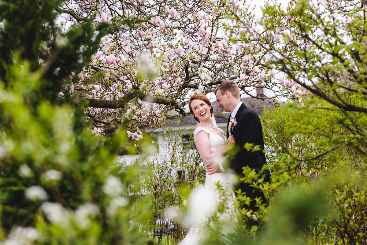 Bride and groom laugh next to a cherry blossom tree