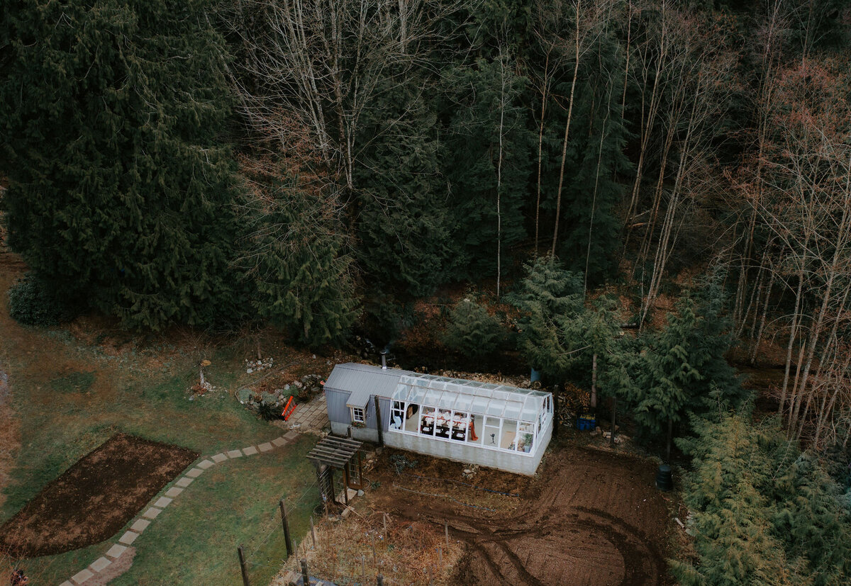 Wide shot from above The Greenhouse, a unique garden wedding venue in Abbotsford, BC, featured on the Brontë Bride Vendor Guide.