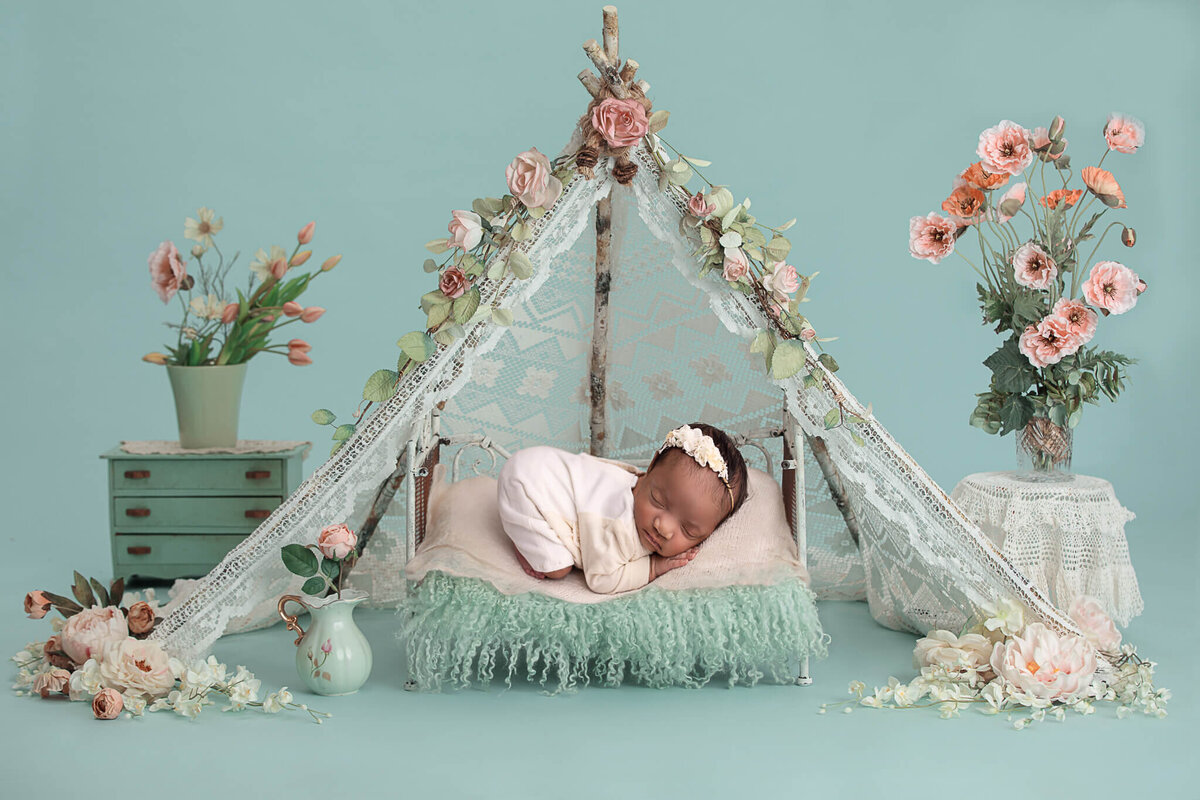 Newborn gil in tent digital composite in mint green in Akron Ohio studio.