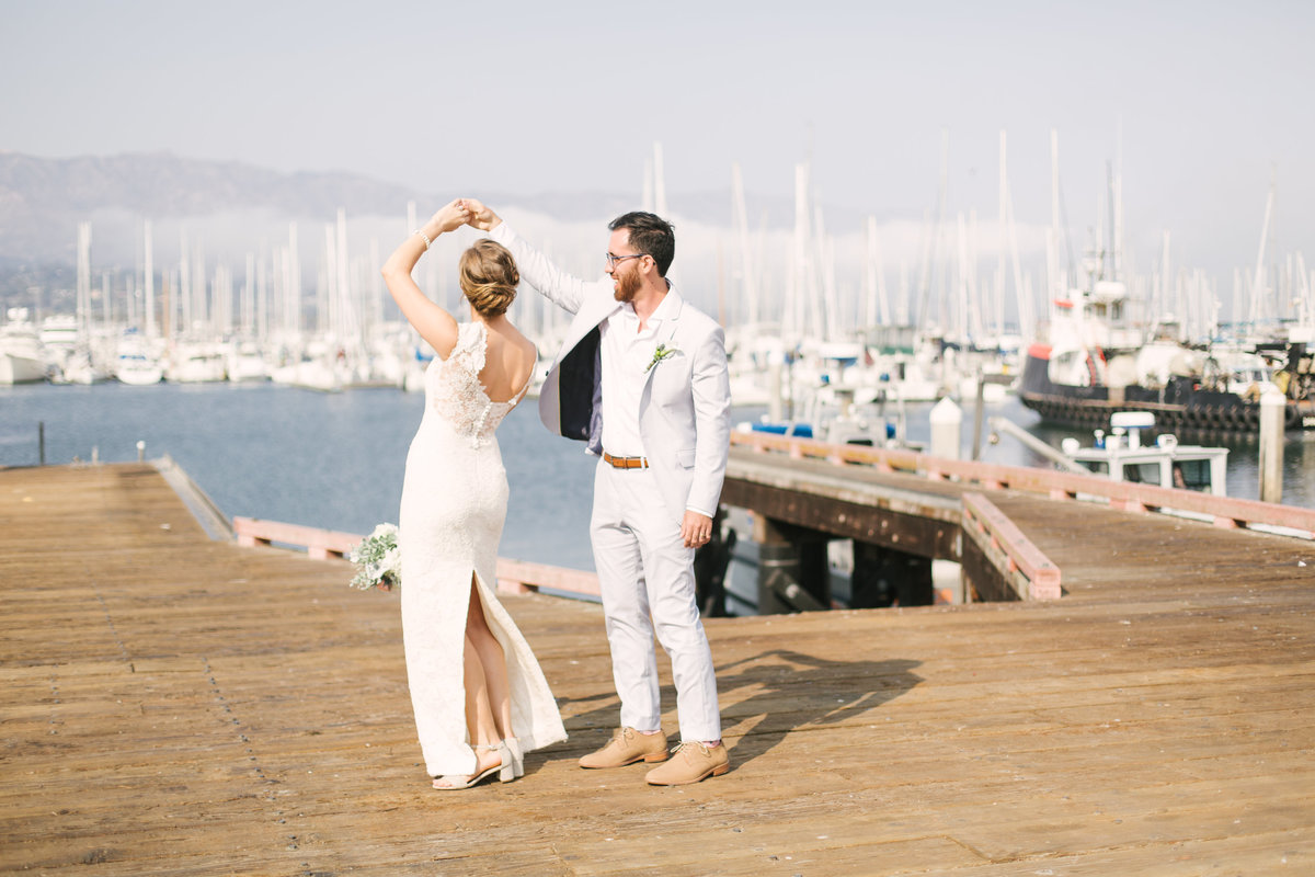 Bride and Groom at Santa Barbara Harbor for wedding at the Maritime Museum