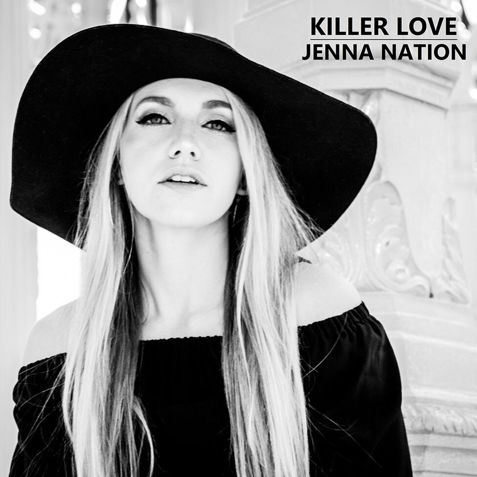 Los Angeles Single Cover Title Killer Love Artist Jenna NATION black and white portrait wearing large brim black hat standing in front of white columns