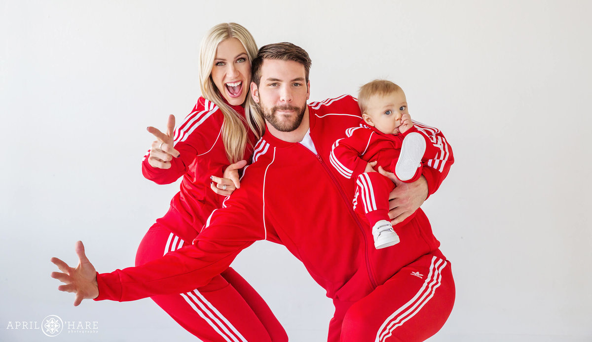 Cute Red Athletic Jumpsuit Family Photography in Denver Colorado